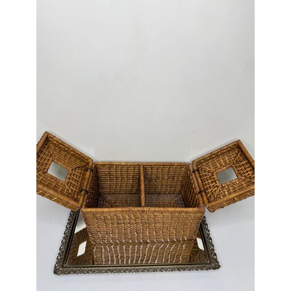 Vintage Boho Rectangular Wicker Storage Basket With Double Bins And Lids, Vintag - Picture 5 of 10